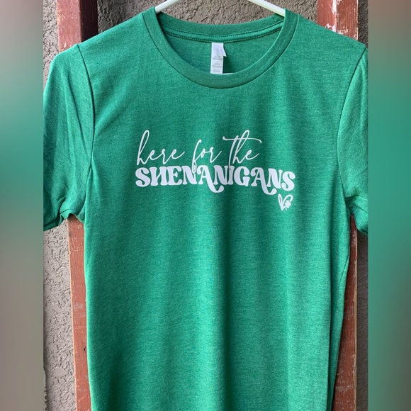 Pop of Whimsy by Gigi Tops - St Patty’s Day - Here for the Shenanigans - M - Bella-Canvas - NWT - Handmade ☘️